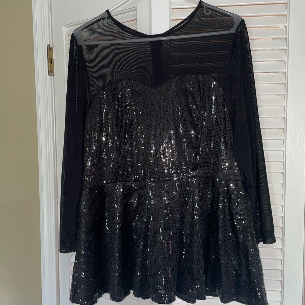 Black Long 3/4 Sleeve Peplum Sequin and Sheer Top